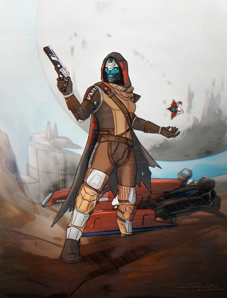 A digital painting of Cayde-6, the Exo Hunter from Destiny, standing in a desert-like landscape, Traveler in the sky behind him. He is holding Ace of Spades hand cannon in one hand while his Ghost Sundance floats beside him. His sparrow is behind him and we can also see the old Tower on the horizon. The composition is inspired by Mad Max poster