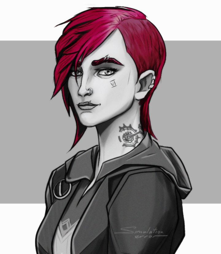 Digital sketch art of Violet from Arcane. Black and white, only her pink hair are colored.