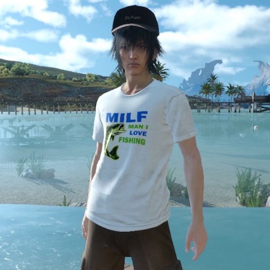 noctis wearing a shirt that says milf (man i love fishing)