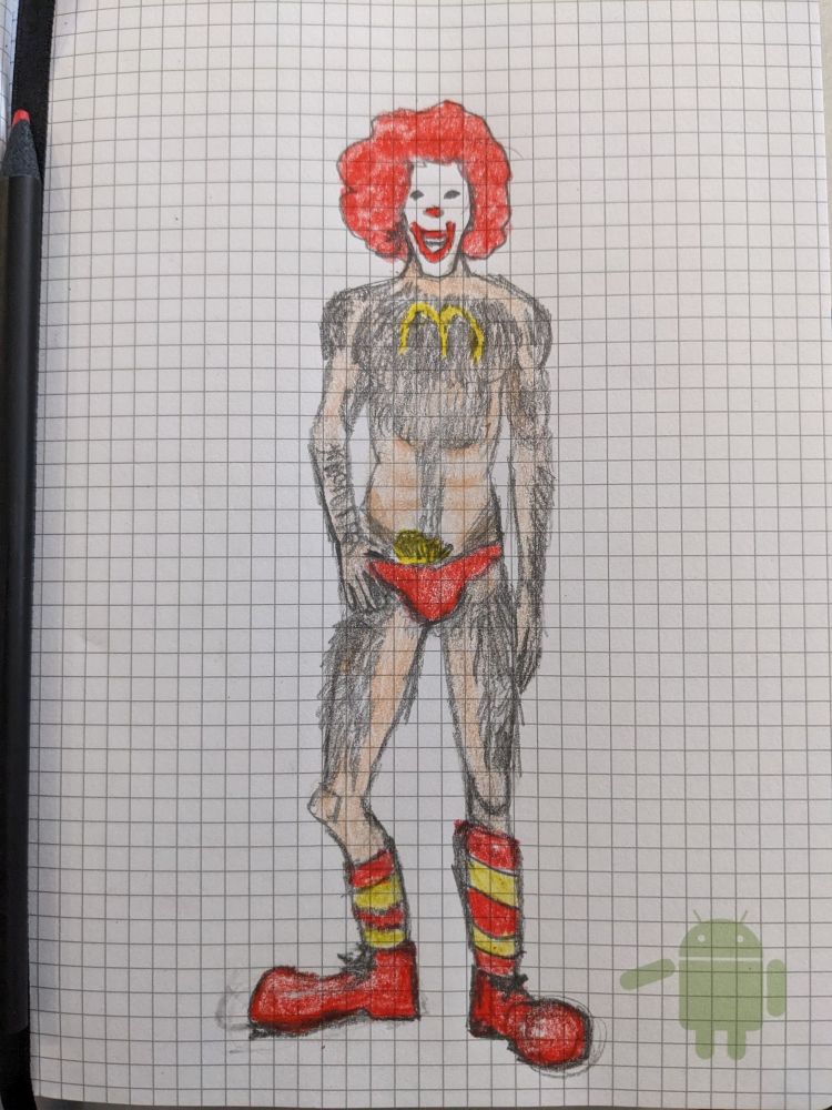 A drawing on graphing paper of full body Ronald Twinkdonald with his hair grown back in
Features include hair on his arms and legs, chest hair that also grew in the shape of his golden arches, a speedo bottom with golden fries poking out, a red curly wig and his iconic clown face paint