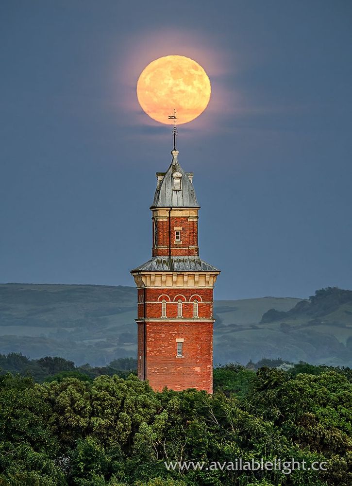 A thin domed tower, emerging from some trees. The full moon glows directly above it, just as night falls 