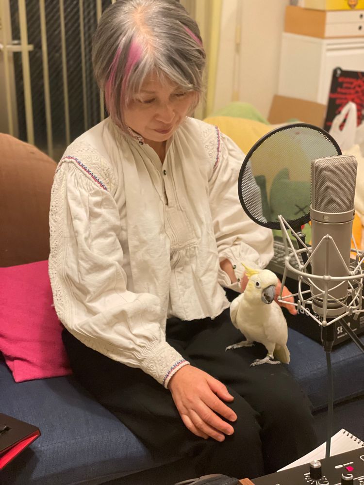 Cockatoo Popcorn sits happily on her favorite person, Yumiko of Buffalo Daughter, as they record new music in their home studio.