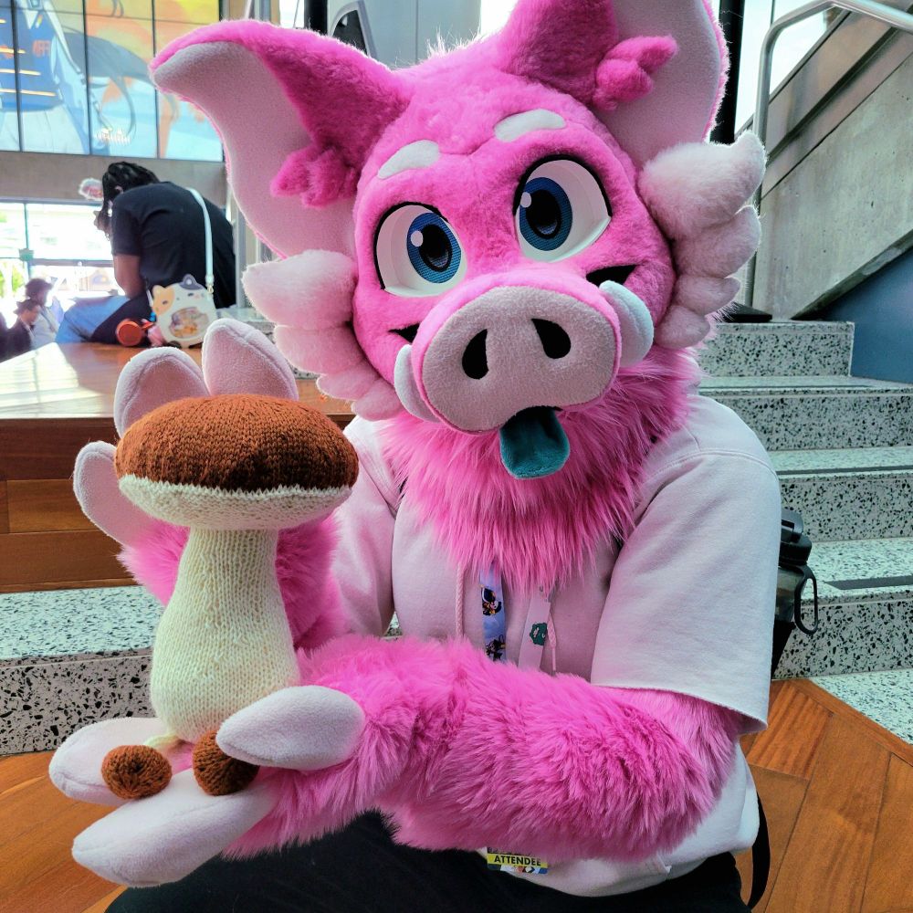 A pink boar fursuiter holding a knitted mushroom