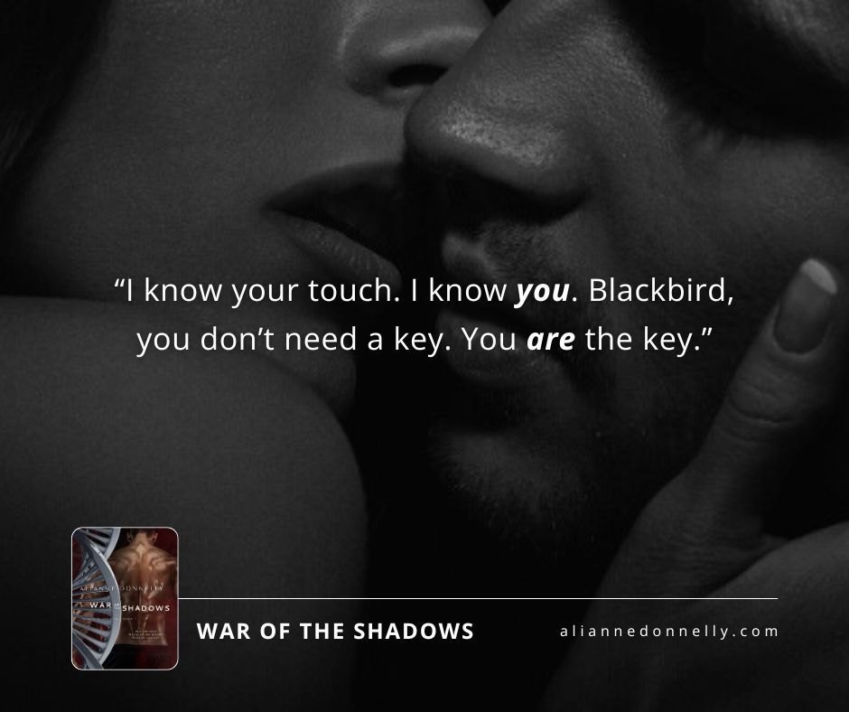 Book excerpt from War of the Shadows by Alianne Donnelly: "I know your touch. I know you. Blackbird, you don't need a key. You are the key." aliannedonnelly.com