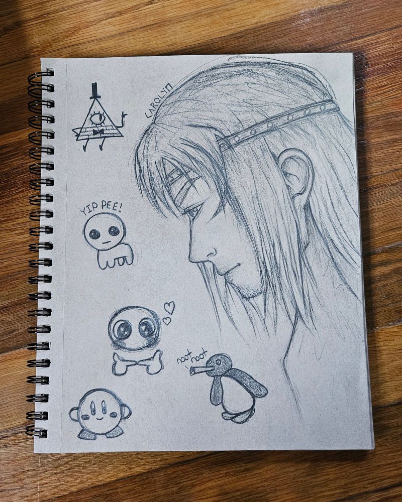 Sketchbook page with side profile of Canute from Vinland Saga with silly little pictures of Bill Cipher, The Autism Creature, Blushing emoji, Pengu, and Kirby on the side, in descending order. 