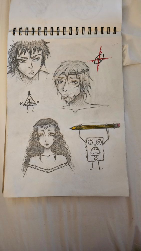 Sketchbook page with drawings of Baki Hanma, Society of the Blind-Eye symbol, Canute, Bill Cipher, Fae-Sona?, and Doodle-Bob, in descending order roughly from top to bottom. 
