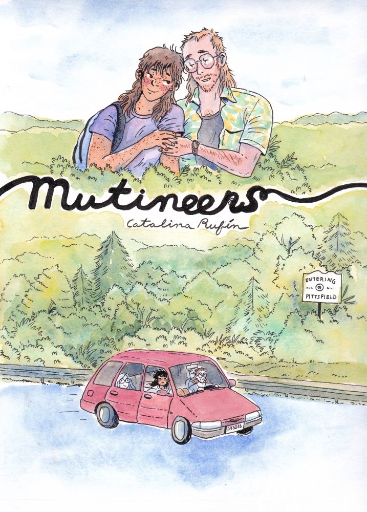the cover of the comic features zephyr (darker skin and hair), embracing wallace, their boyfriend, the older guy with glasses and facial hair. down below they're seen in a station wagon 1999 ford focus driving towards Pittsfield in the berkshires of massachusetts which is all originally the lands of the pocumtuc indigenous people before it was colonized 