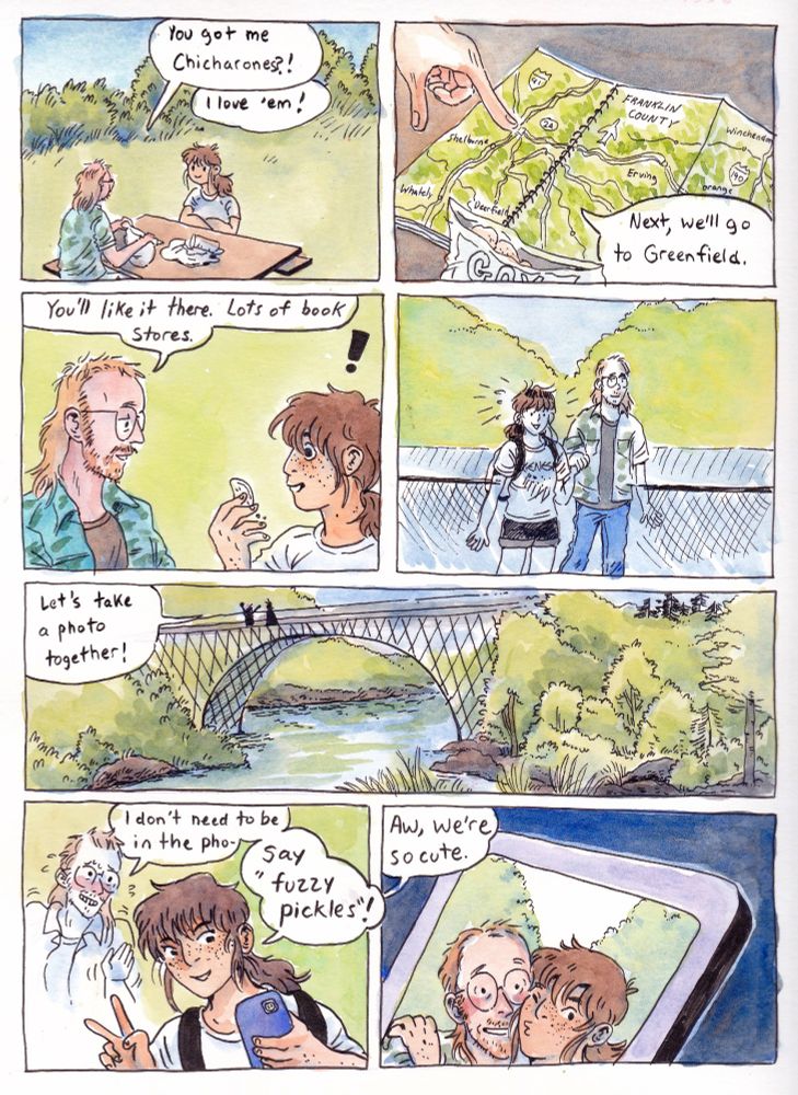(a few panels still missing colors in this one) Doing cute road trip date stuff! eating snacks, sightseeing, taking photos on the french king bridge in Gill, MA