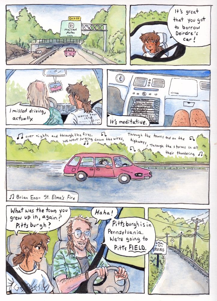 wallace and zephyr are driving down the highway in their friends' borrowed car. listening to zephyr's cd collection, they accidentally confuse Pittsfield with Pittsburgh. 