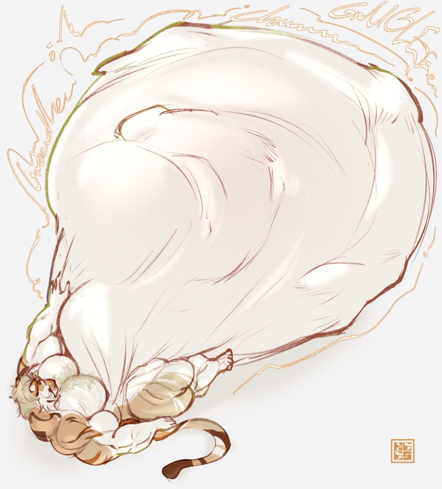 Ross with a mass vore belly filled with many shark head imprints