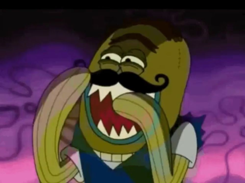 a cartoon character with a mustache and large mouth