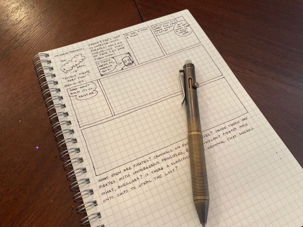 A piece of graph paper with comic-like sketches and notes, and a heavy pen with erasable ink. 