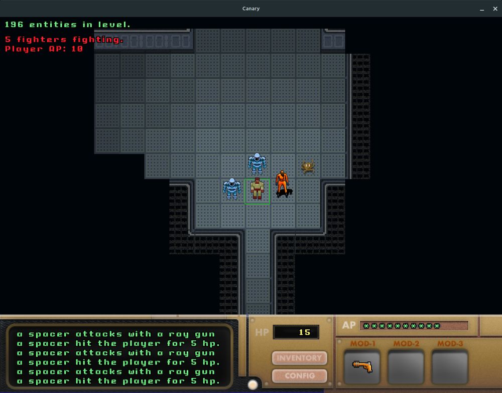 A screenshot from my game featuring a pixel guy, a blocky rendered guy, and a more human-looking rendered guy. And a bug.