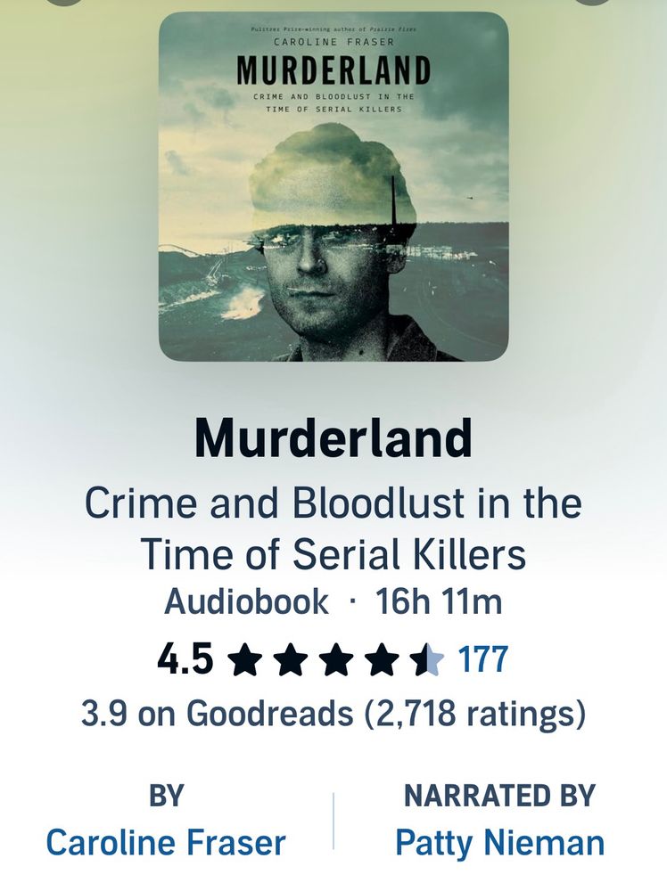 Front cover of the book MURDERLAND  by Caroline Fraser. Picture of Ted Bundy with smokestack, bridge etc. 