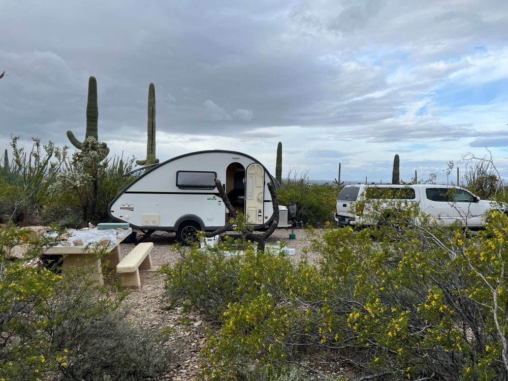 A small, white teardrop camping trailer parked in a campsite surrounded by desert shrubs and saguaro cactus. 