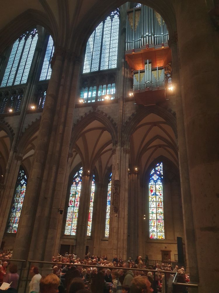 Gewölbe des Kölner Doms. Oben hängt die Schwalbennestorgel.