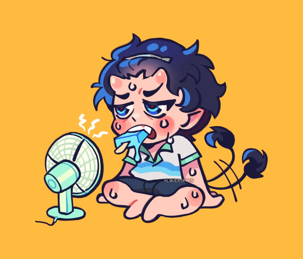 rin eating a melting popsicle in front of a small electric fan. he has his bangs pinned, showing his forehead and horn nubs. he tries his best to use his tail to fan himself. he wears an irritated expression and is drenched in sweat