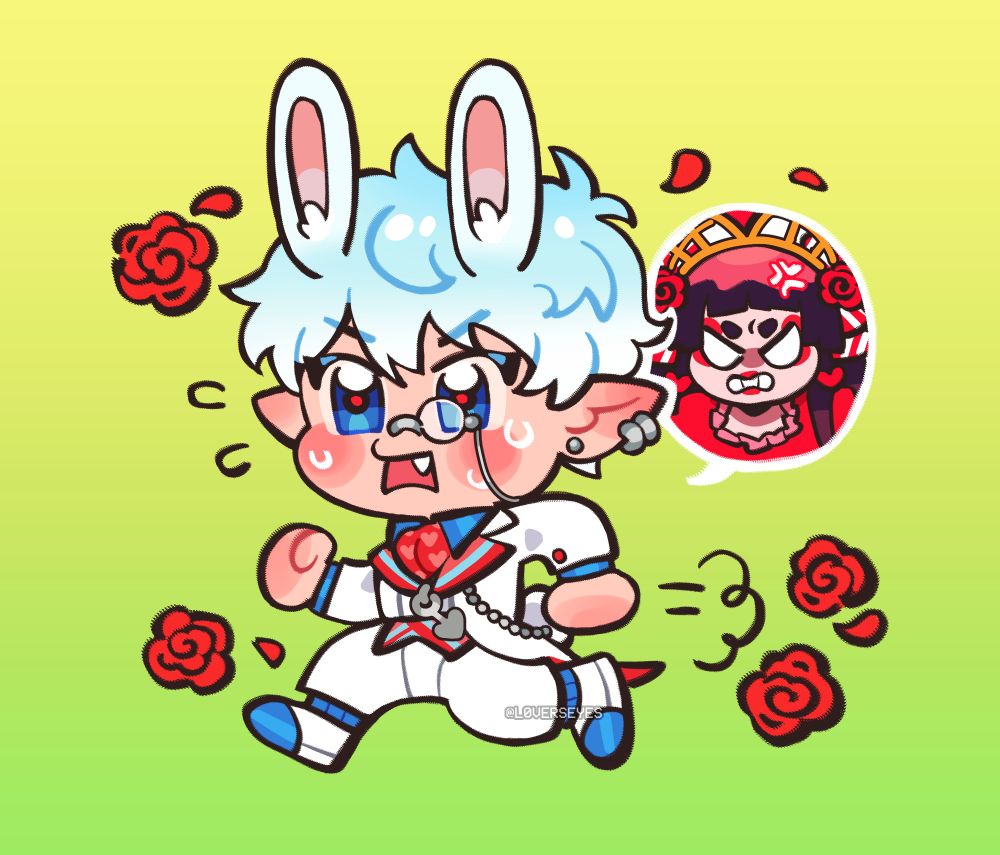 rin, as the white rabbit, is running late. a speech bubble of an angry izumo as the red queen is beside him. small roses are doodled aeound him.