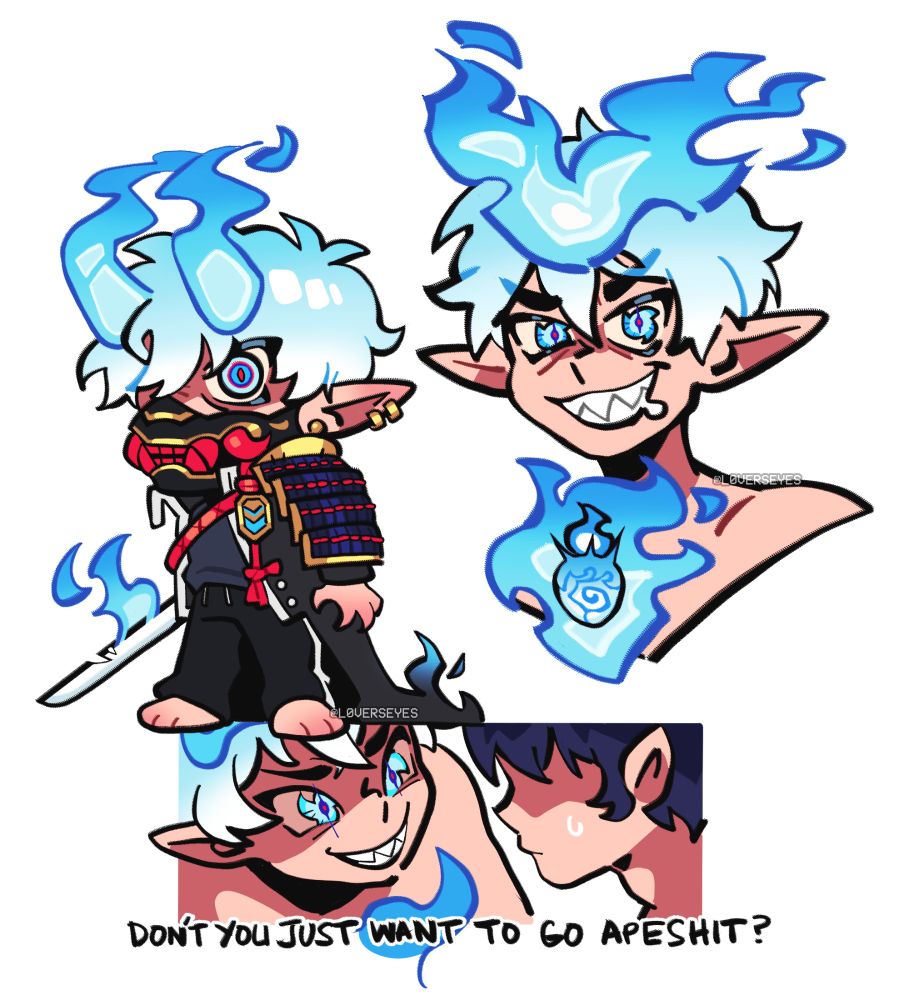 drawings of rin with his light blue hair.

on the left is a chibi drawing of demon lord rin holding his sword. he wears a demon mask with huge fangs on the lower half of his face and a long black cape. his flame horns are visible and he looks at the camera menacingly

on the right is a drawing of rin's demonic form, right when his sword broke. he grins threateningly at the camera, his eyes wild and similar to satan's. his horns merge into a single, strong flame. his demon heart is visible, wreathed in blue flames on his chest.

below is a drawing of demon!rin talking to his human side, taunting him, "dont you just want to go apeshit?"