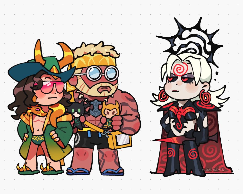 thor and loki in their summer skins stare at a hela who is dressed as knull's queen in black. she feels left out