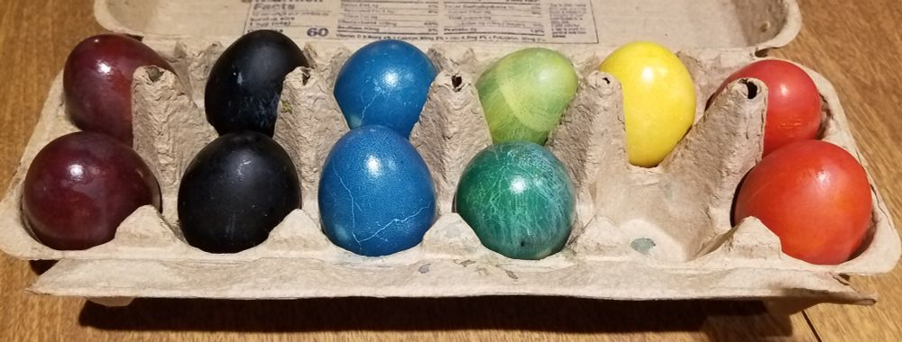 Naturally dyed eggs ranging from violet, indigo, blue, green, yellow, and orange-red.