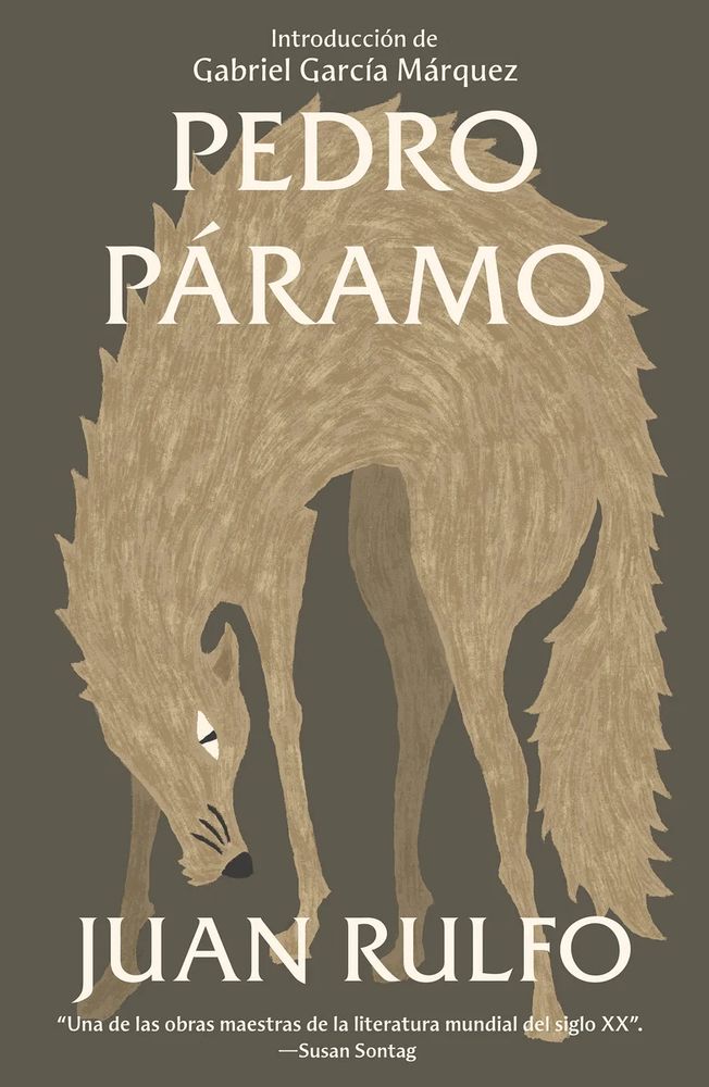 Cover for the spanish edition of Pedro Paramo by Juan Rulfo, featuring an illustration of a scruffy dog/wolf/coyote?