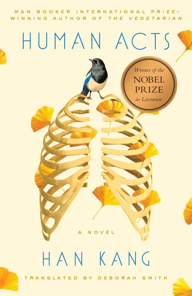 Cover of Human Acts by Han Kang, featuring a bird perched on a ribcage.