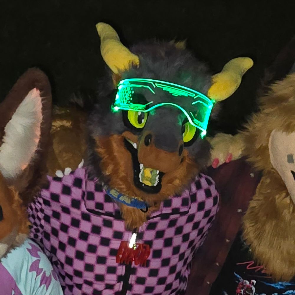 A fluffy dragon fursuit with some off screen fursuiters. He is wearing LED goggles, an IKEA collar and a Source Error Texture jacket with an Error model attached to it.
