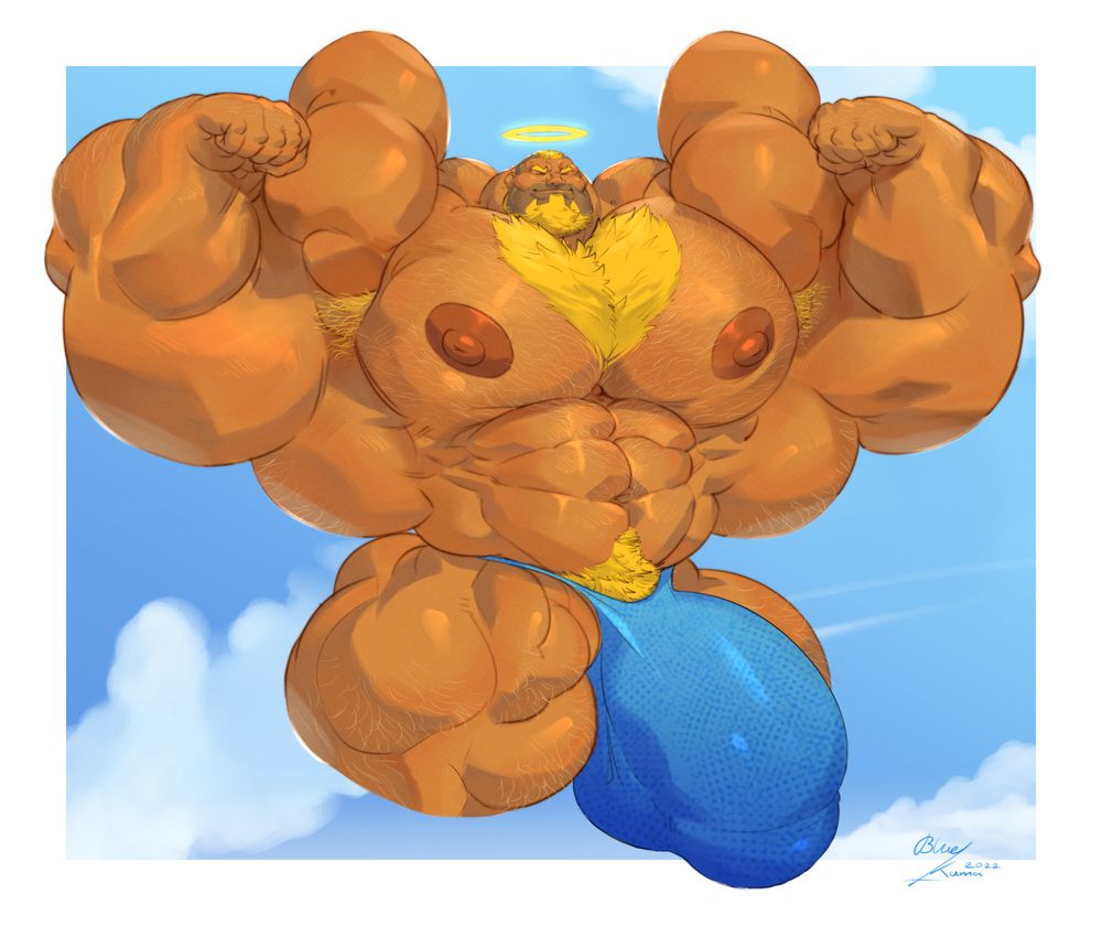 A hyper muscular angel showboating with a double bicep pose.