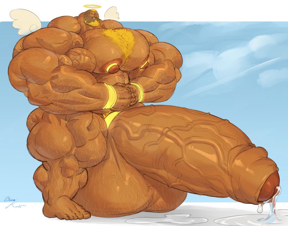 A hyper muscular angel with a massive dick that's leaking pre.