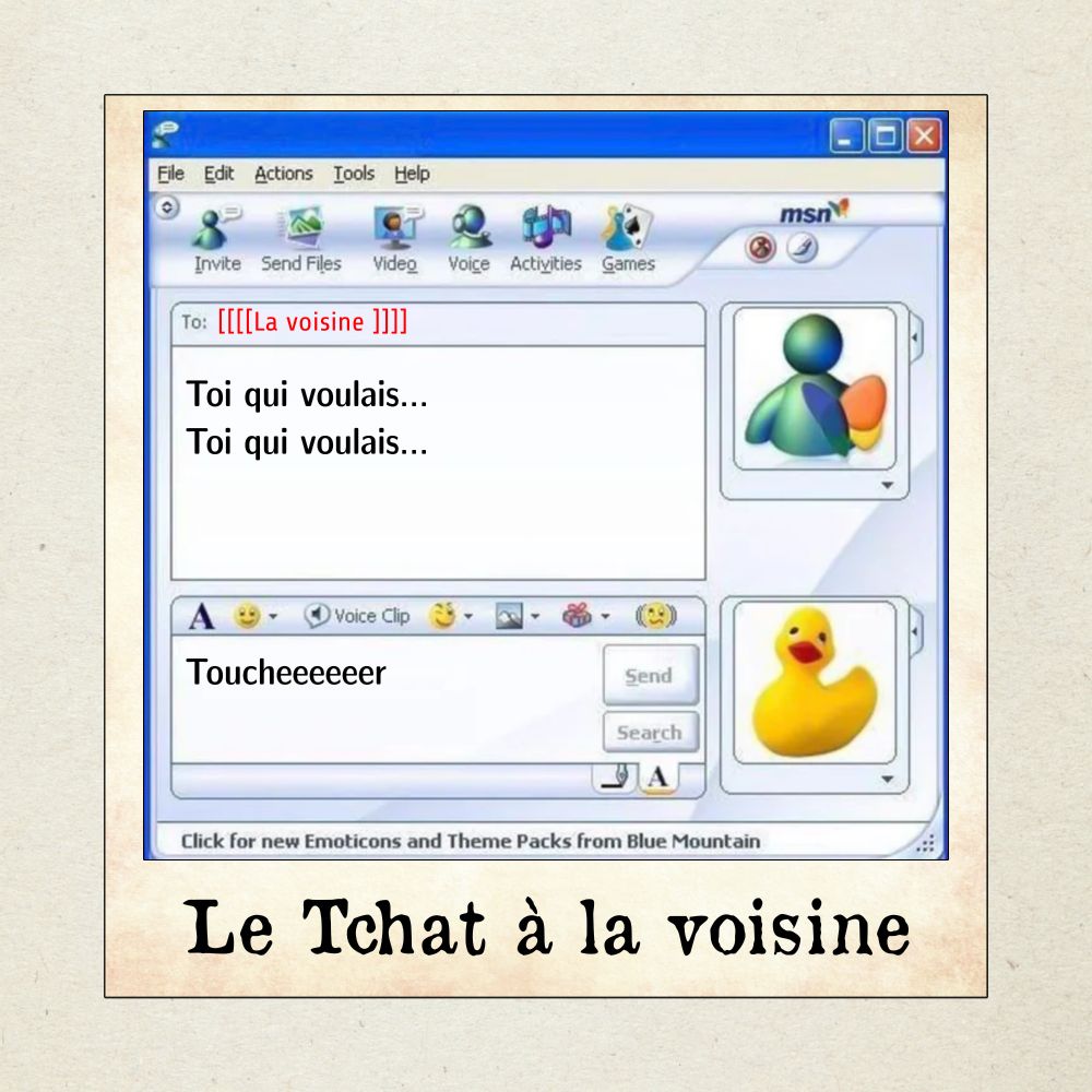 Capture d’écran d’une conversation MSN Messenger entre un utilisateur et "la voisine", accompagnée des paroles humoristiques "Toi qui voulais... Toi qui voulais... Toucheeeeeer", 

Sous-titre : "Le Tchat à la voisine"