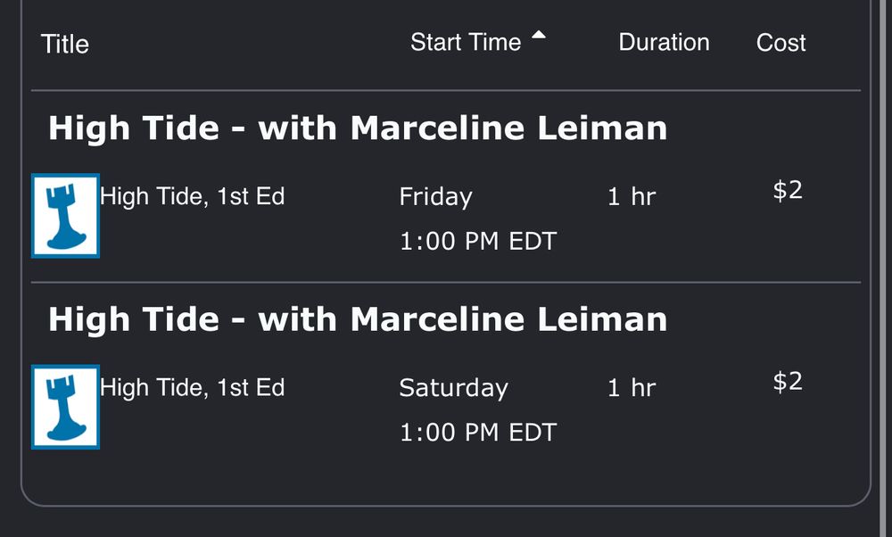 High Tide - with Marceline Leiman
Friday 1:00pm EDT 1 hour $2

High Tide - with Marceline Leiman
Saturday 1:00pm EDT 1 hour $2
