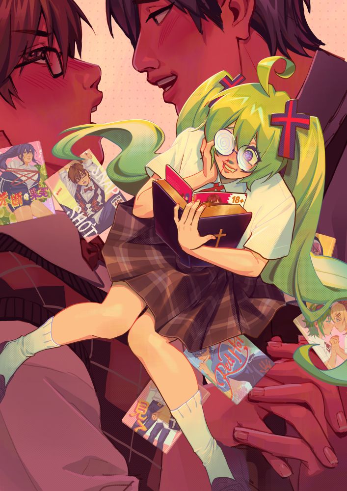 Miku from Confessions of a Rotten Girl by SAWTOWNE reads her “bible” which is just one of her many doujinshi. Other doujins scatter the floor, featuring other vocaloids/characters from the music video. In the background, Kiyoteru and Kaito share an intimate moment. 