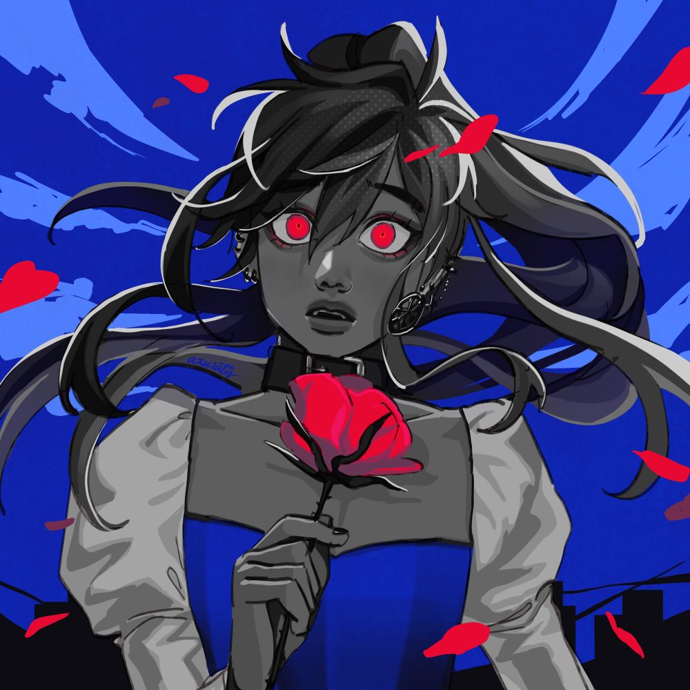 Eri drawn as the cover of QUEEN by Kanaria. They are in black and white apart from red eyes and subtle red eyeshadow as well as an ultramarine bodice that matches the color of the background. They hold a red rose the same color as their eyes, with rose petals flying in different parts of the drawing. 