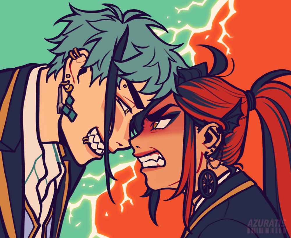 Floyd and Eri butt heads on a teal and red background, split by a lightning strike down the middle. Floyd’s competitiveness is more playful, while Eri’s comes from a place of genuine rage. 