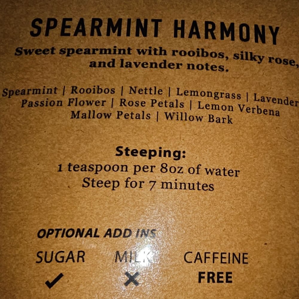 a bag of spearmint harmony loose leaf tea 