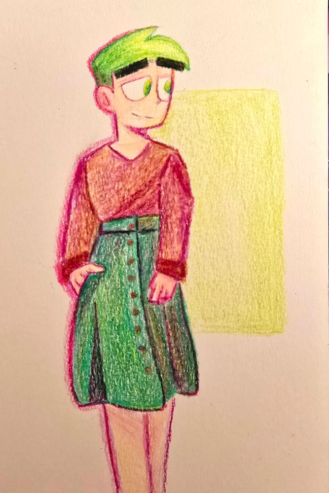 Crayon drawing of Cosmo wearing a red v-neck shirt and green midi skirt.