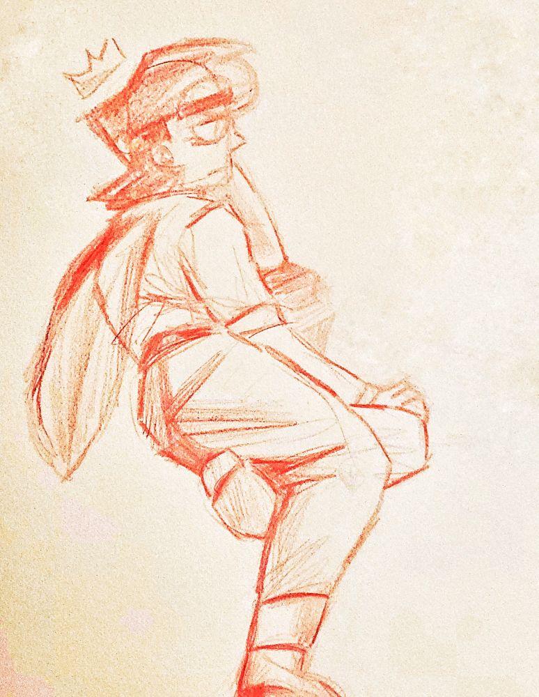 Pencil sketch of Peri propping his arm on books.