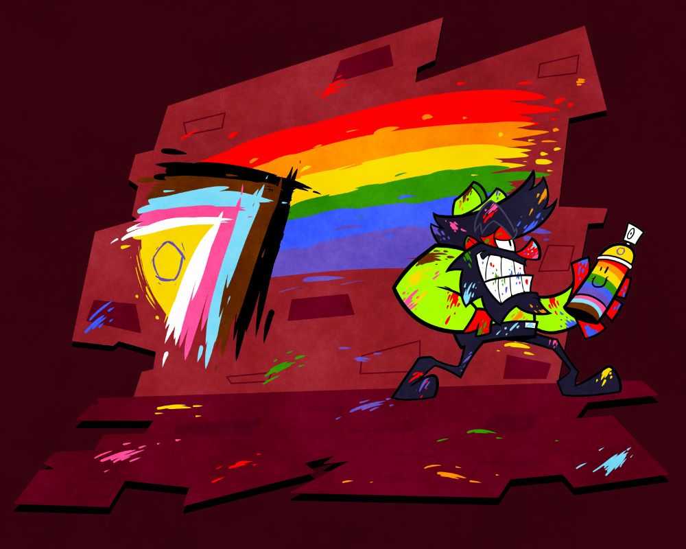 Anton from ANTONBLAST walking away from a chunk of Boiler City wall covered in paint splatters and carrying a spray can. The wall is marked with a very sharp Pride Flag.