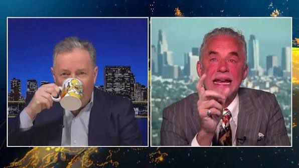 Smug man drinking from mug listens as angry red faced man desperately tries to communicate 