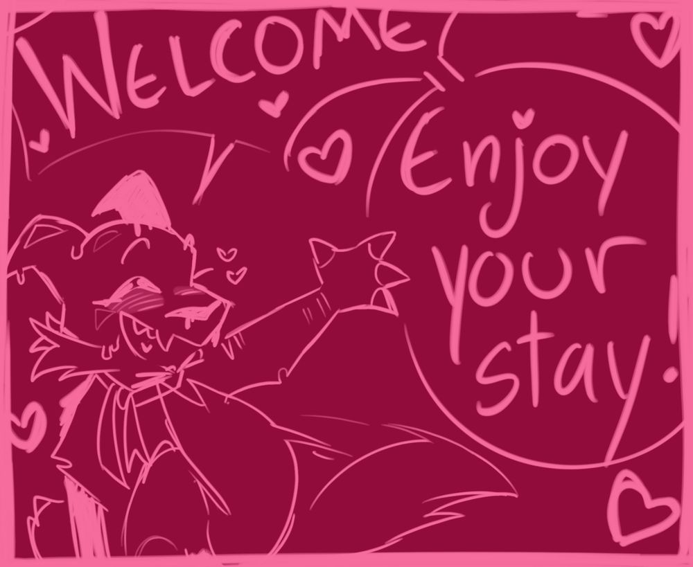 Chocolate cubone waving. Text saying “welcome! Enjoy your stay!”