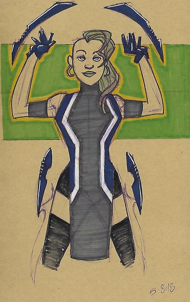 Early Sky sketch.  I scrapped the swords concept but kept her prosthetic hands