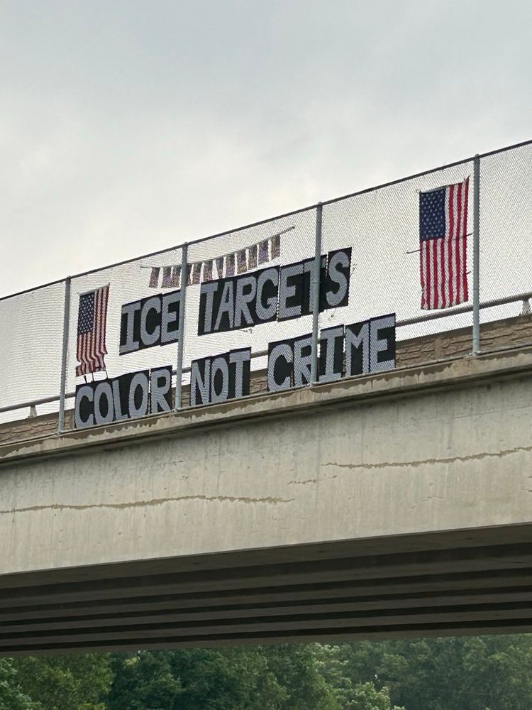 Sign from overpass says Ice targets color not crime. 