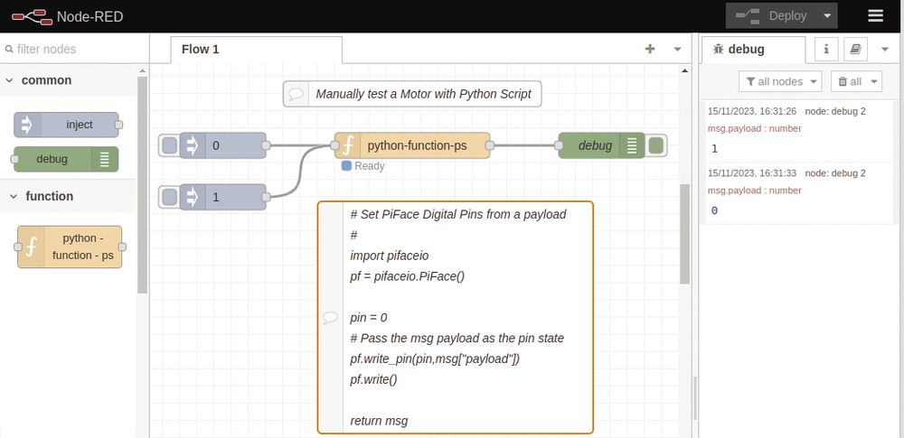 Node-RED test logic to control a motor