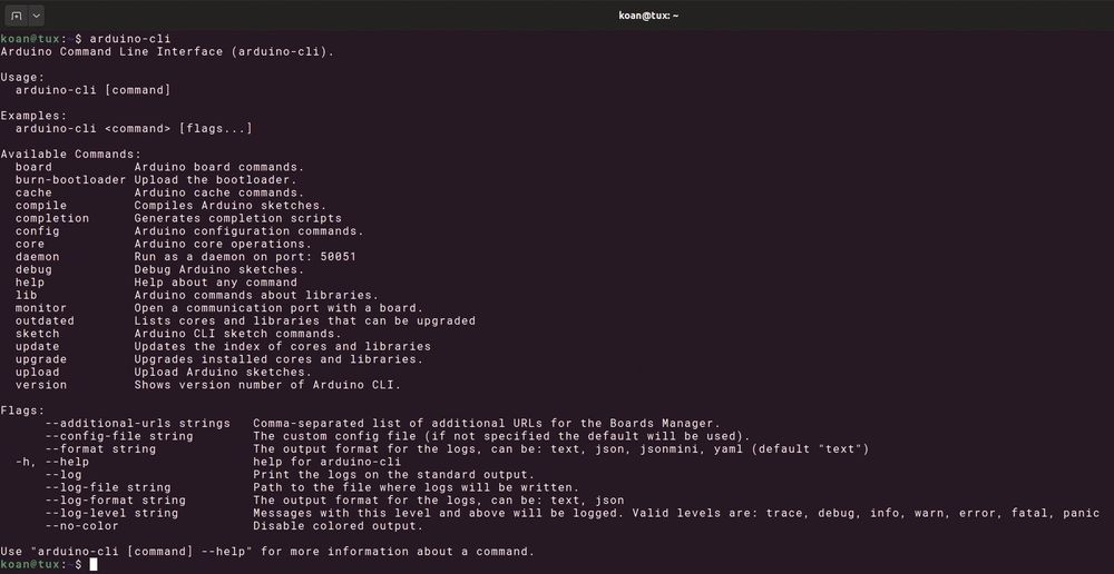 screenshot: The arduino-cli command supports several subcommands for Arduino software development.