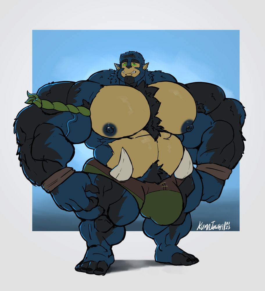 A digital drawing of Dugarr. He is an extremely large, muscular bugbear with tan skin, blue and black fur, and green eyes. He is wearing brown leather and green cloth briefs adorned with white bone, leather wrist-bands, and a green arm-band. He is standing in front of a blue gradient background and smiling at the viewer.