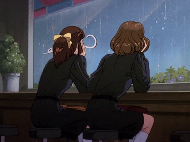 a cartoon of two girls sitting in front of a window looking out