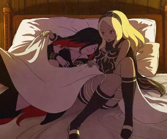 Kat and Raven from Gravity Rush sharing a bed.

Raven is already asleep while Kat is tucking her in.