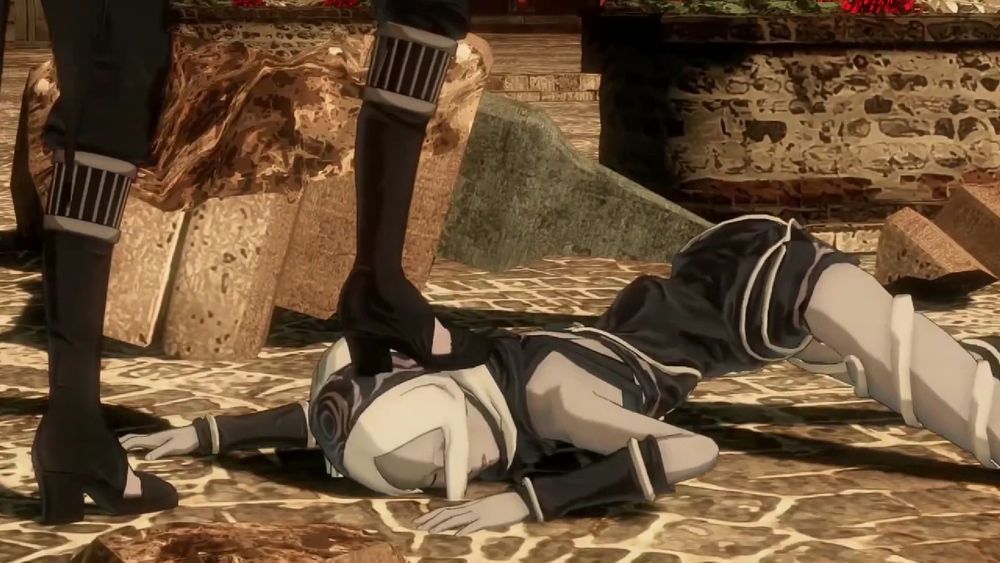Scene from the game Gravity Rush

Raven, a character from the game, is subduing Kat, the protagonist, by stepping on them.