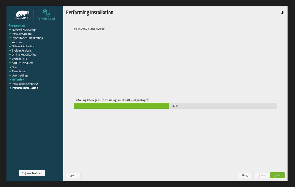 A screenshot of the installer of openSUSE Tumbleweed, performing the installation within a virtual machine. 
